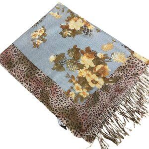 Masaki Matsuka Floral Animal Print Fringe Scarf Thin Lightweight Wrap Shawl